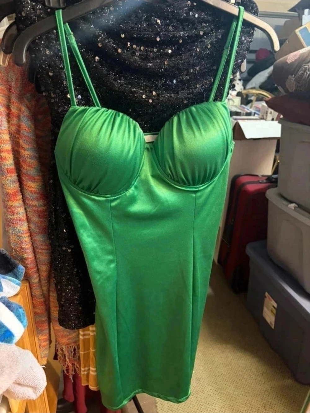 Satin Green Midi Slip Dress with Underwire Cups